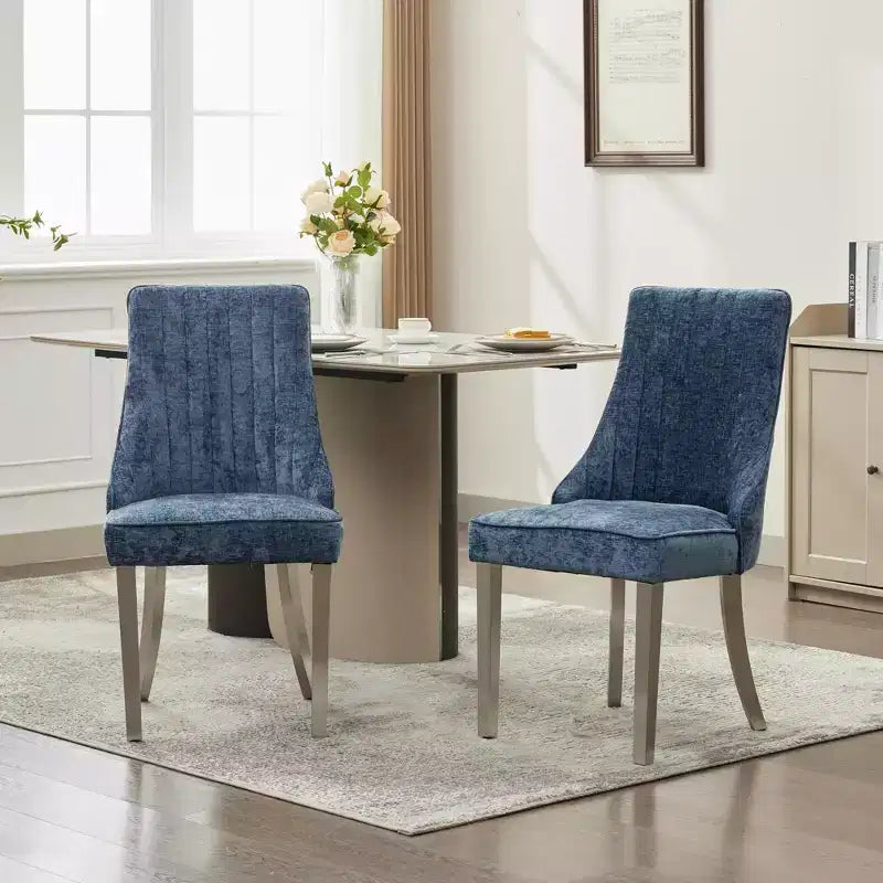 Chenille Upholstered Dining Chairs with Steel Legs – Set of 2, Modern Style