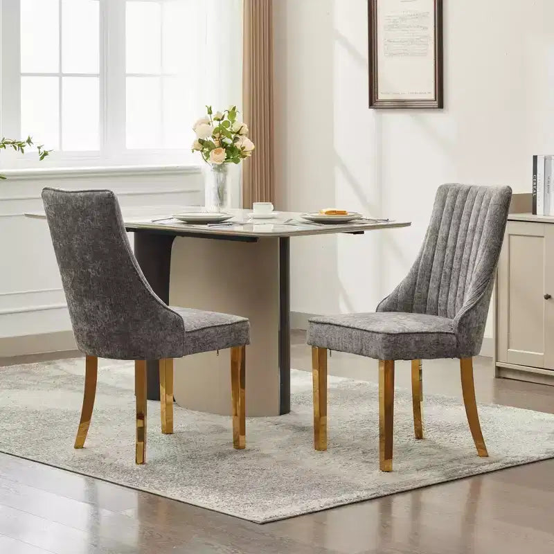 Chenille Upholstered Dining Chairs with Steel Legs – Set of 2, Modern Style