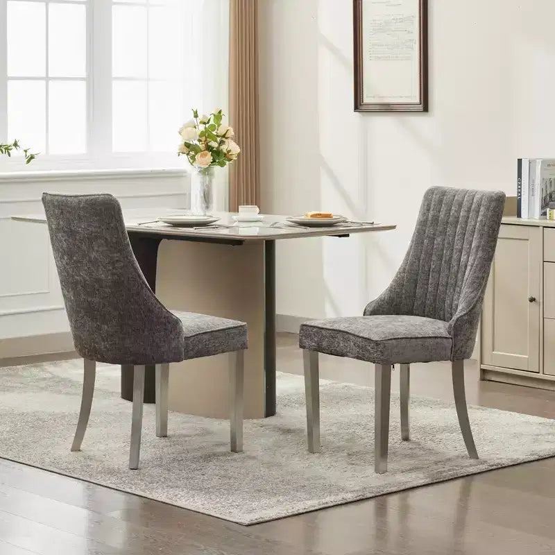 Chenille Upholstered Dining Chairs with Steel Legs – Set of 2, Modern Style