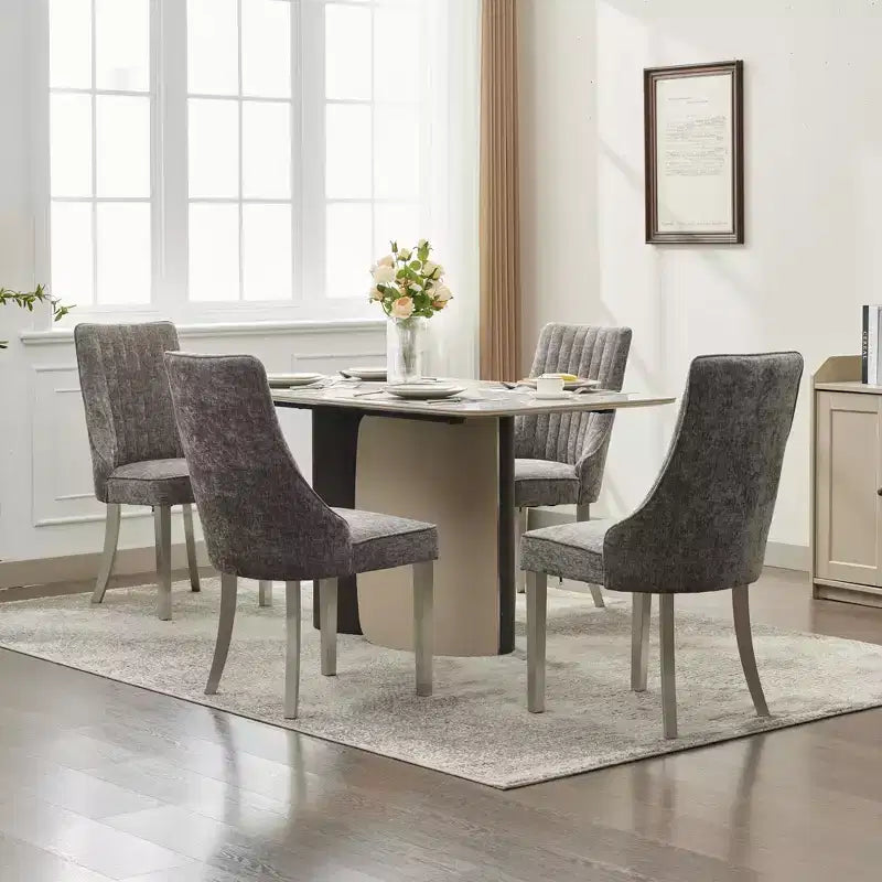 Chenille Upholstered Dining Chairs with Steel Legs – Set of 2, Modern Style