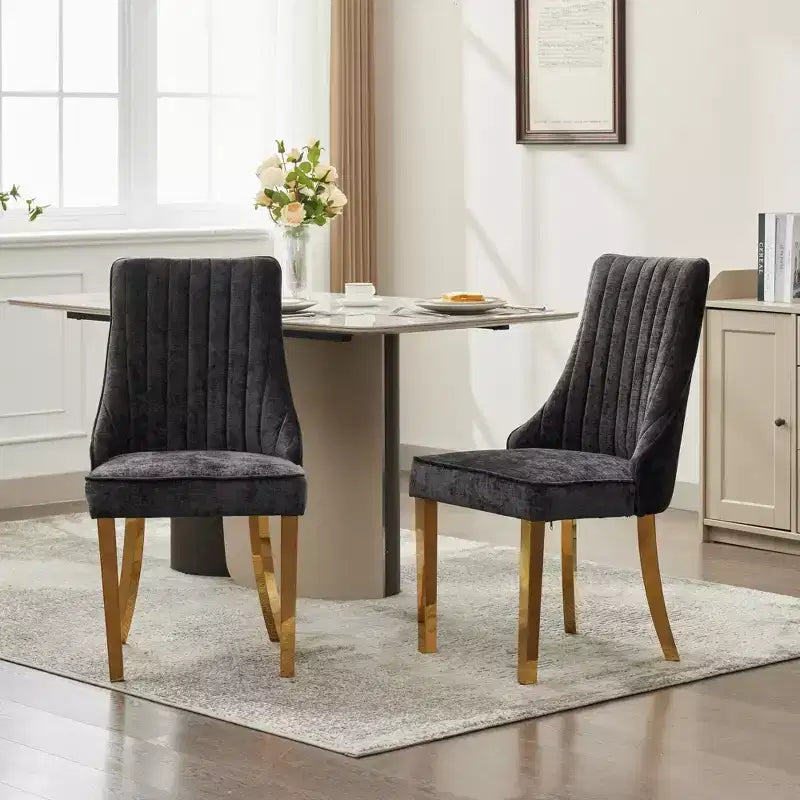 Chenille Upholstered Dining Chairs with Steel Legs – Set of 2, Modern Style