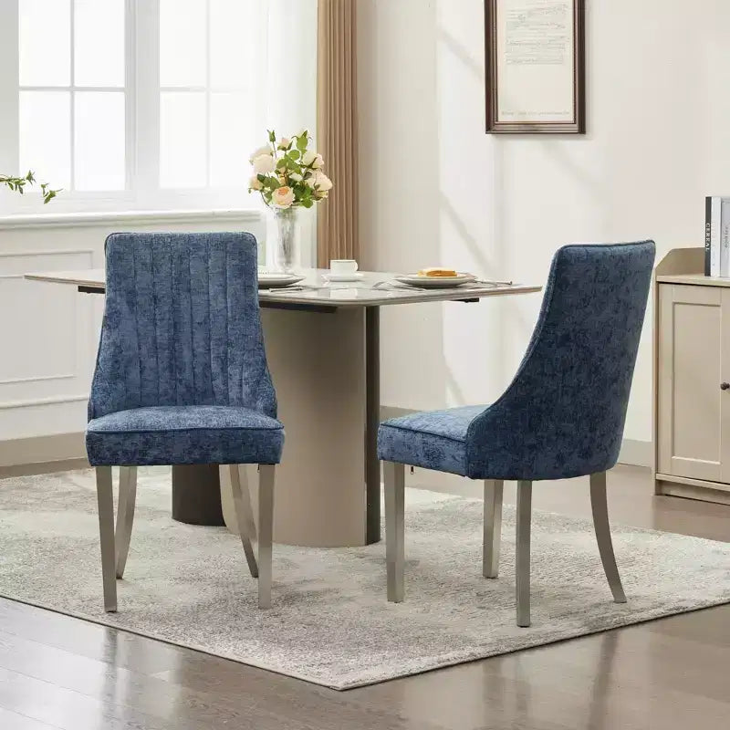 Chenille Upholstered Dining Chairs with Steel Legs – Set of 2, Modern Style