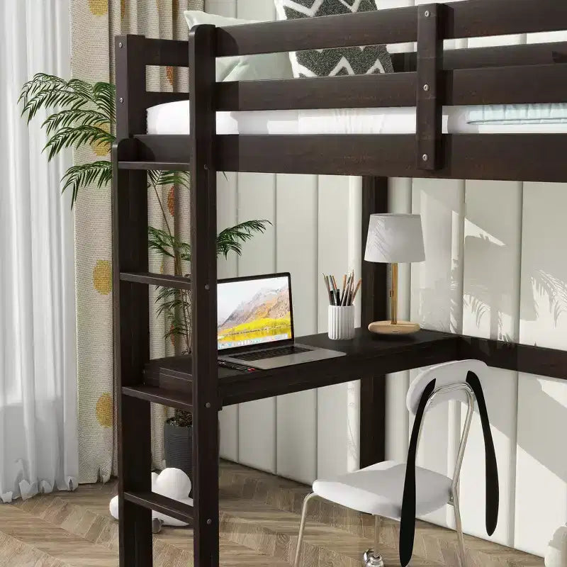 MATEERTY Letto a Castello Singolo in Legno con Scrivania Integrata, Sponde di Sicurezza, Scaletta, Marrone
