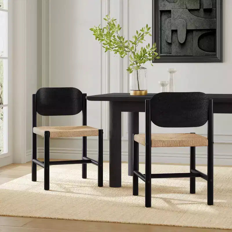 Mid-Century Modern Acacia Wood Dining Chairs with Paper Rope Weave – Set of 2