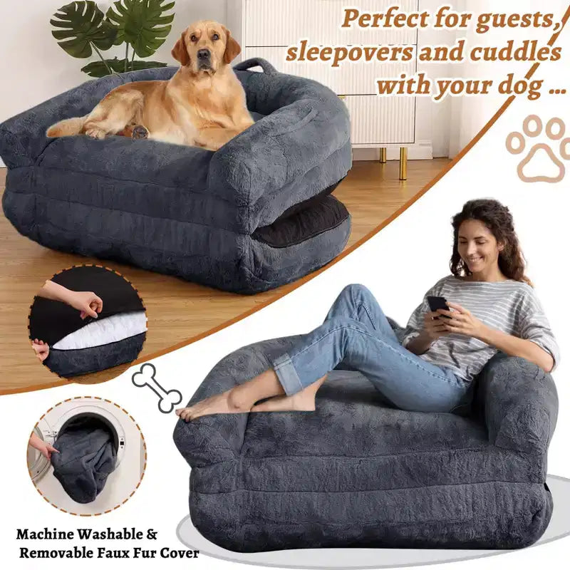 Convertible Human Dog Bed for Adults, 71x43x10 Large Nap Bed with Washable Removable Faux Fur Cover, Portable Lounger for Home
