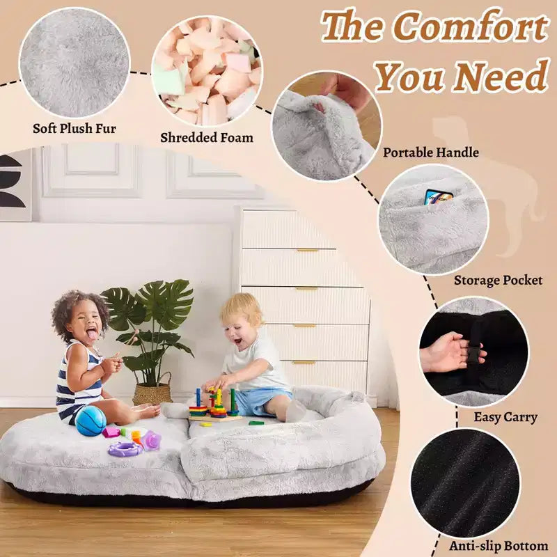 Convertible Human Dog Bed for Adults, 71x43x10 Large Nap Bed with Washable Removable Faux Fur Cover, Portable Lounger for Home