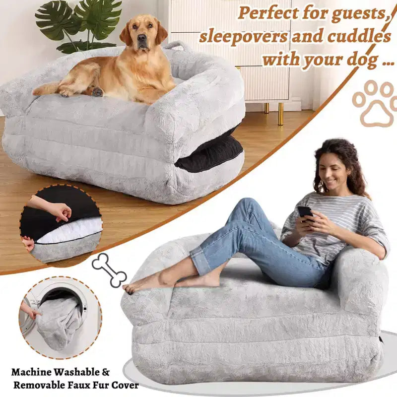 Convertible Human Dog Bed for Adults, 71x43x10 Large Nap Bed with Washable Removable Faux Fur Cover, Portable Lounger for Home