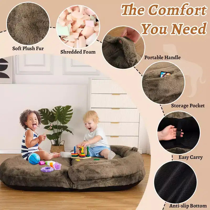 Convertible Human Dog Bed for Adults, 71x43x10 Large Nap Bed with Washable Removable Faux Fur Cover, Portable Lounger for Home