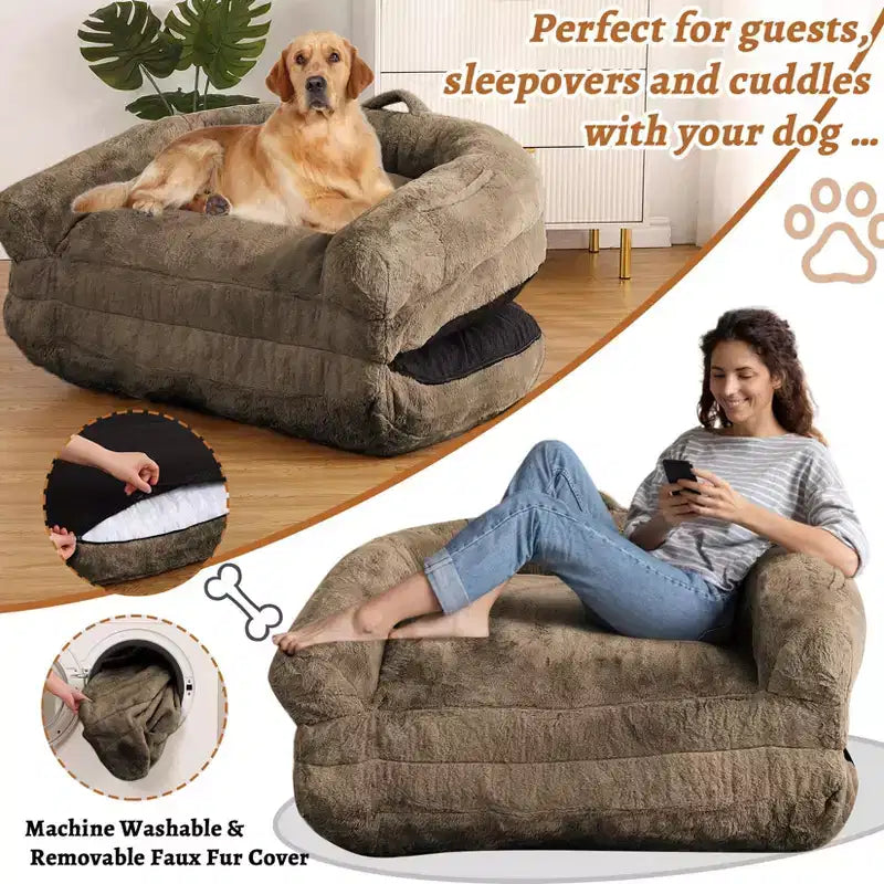 Convertible Human Dog Bed for Adults, 71x43x10 Large Nap Bed with Washable Removable Faux Fur Cover, Portable Lounger for Home