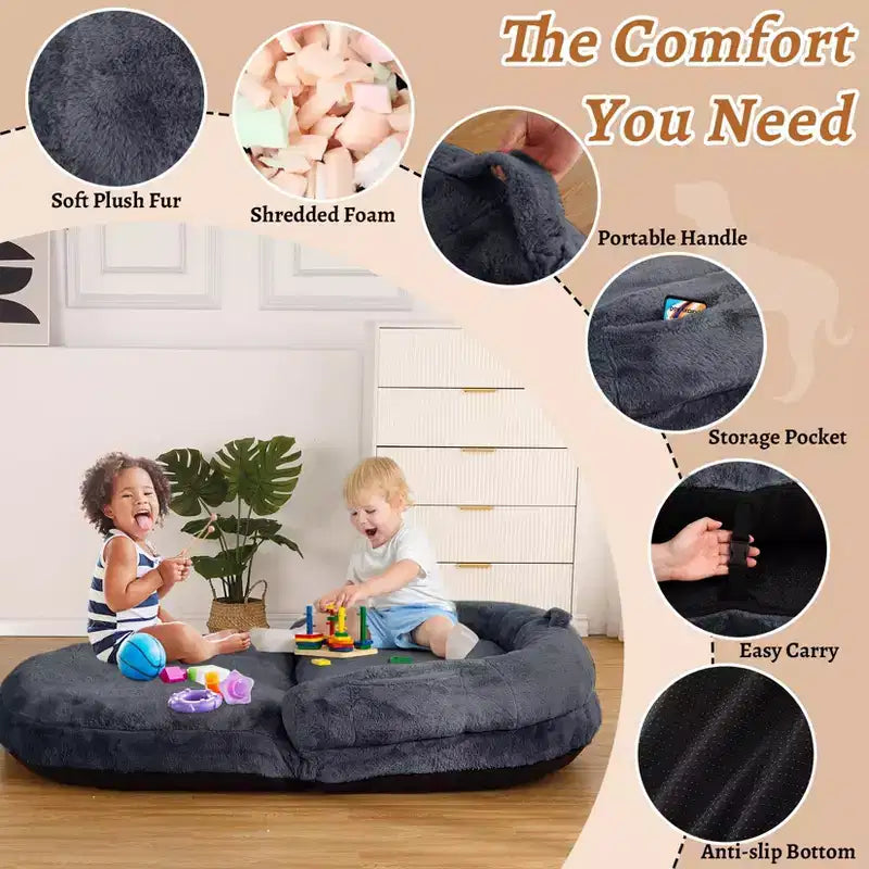 Convertible Human Dog Bed for Adults, 71x43x10 Large Nap Bed with Washable Removable Faux Fur Cover, Portable Lounger for Home