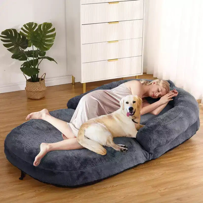 Convertible Human Dog Bed for Adults, 71x43x10 Large Nap Bed with Washable Removable Faux Fur Cover, Portable Lounger for Home
