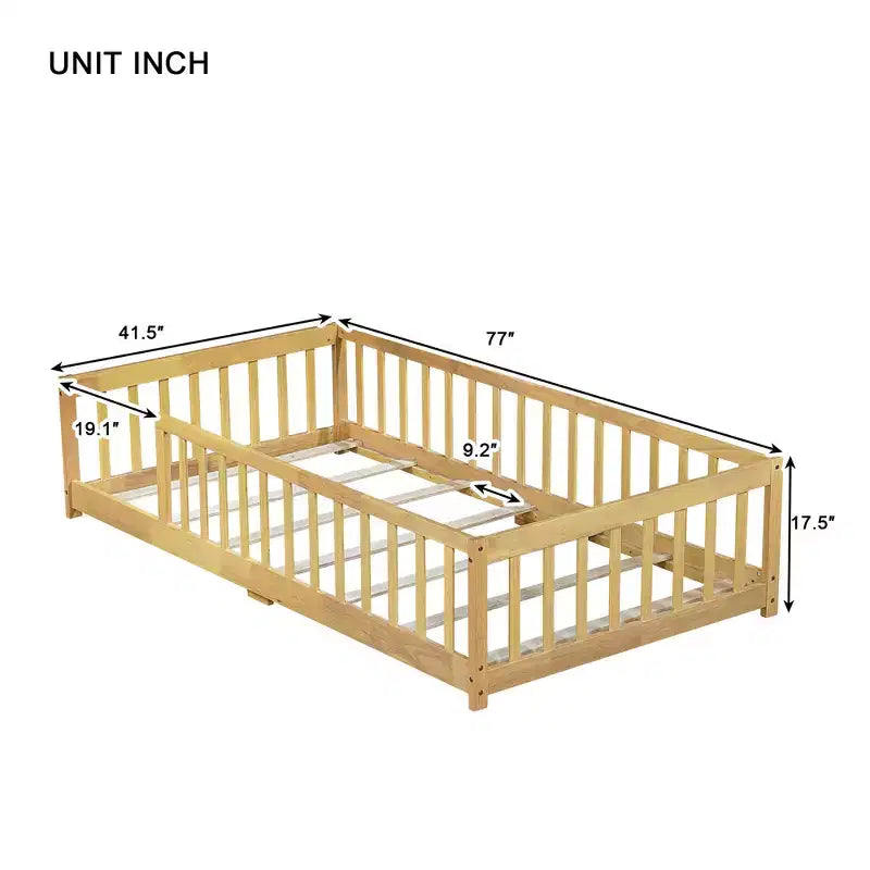 MAYEERTY Letto a Castello Basso con Recinzione Senza Porta, Guardrail a Terra in Legno di Gomma Beige