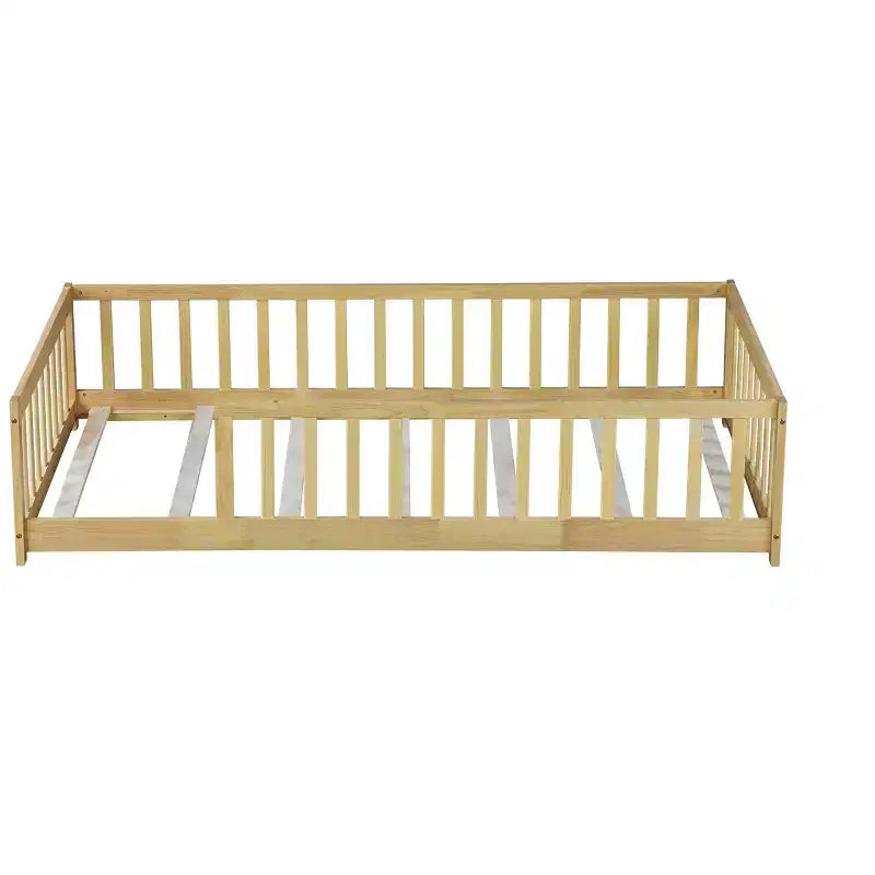 MAYEERTY Letto a Castello Basso con Recinzione Senza Porta, Guardrail a Terra in Legno di Gomma Beige