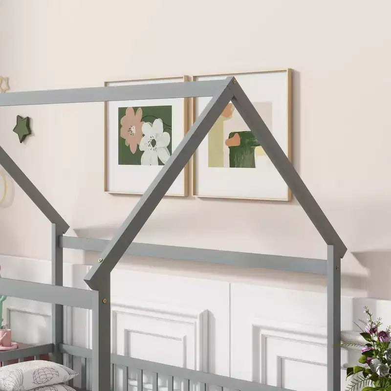 MAYEERTY Letto in legno con doghe a pavimento e sponde di sicurezza, colore grigio