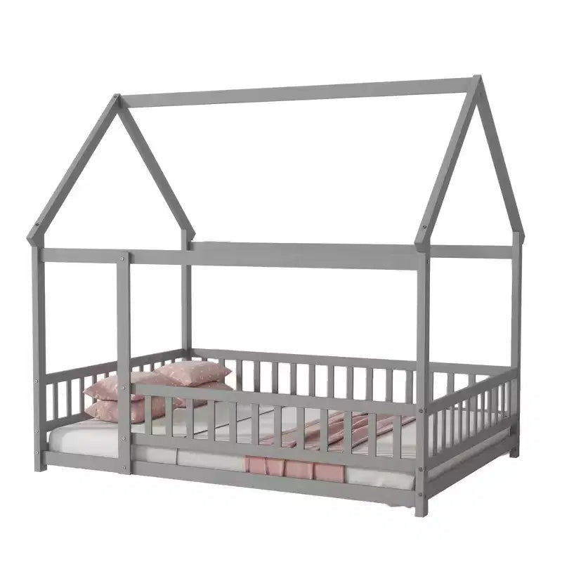 MAYEERTY Letto in legno con doghe a pavimento e sponde di sicurezza, colore grigio