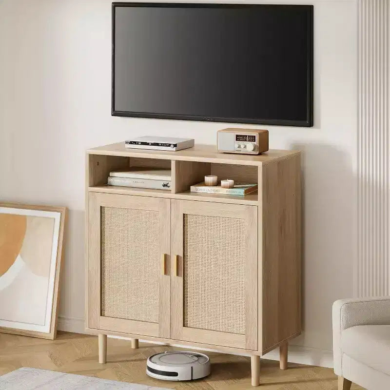 Credenze Buffet in Rattan - Mobile Contenitore a 2 Ante con Ripiano, Sala da Pranzo Moderna, Mobili per Angolo Caffè, 36H