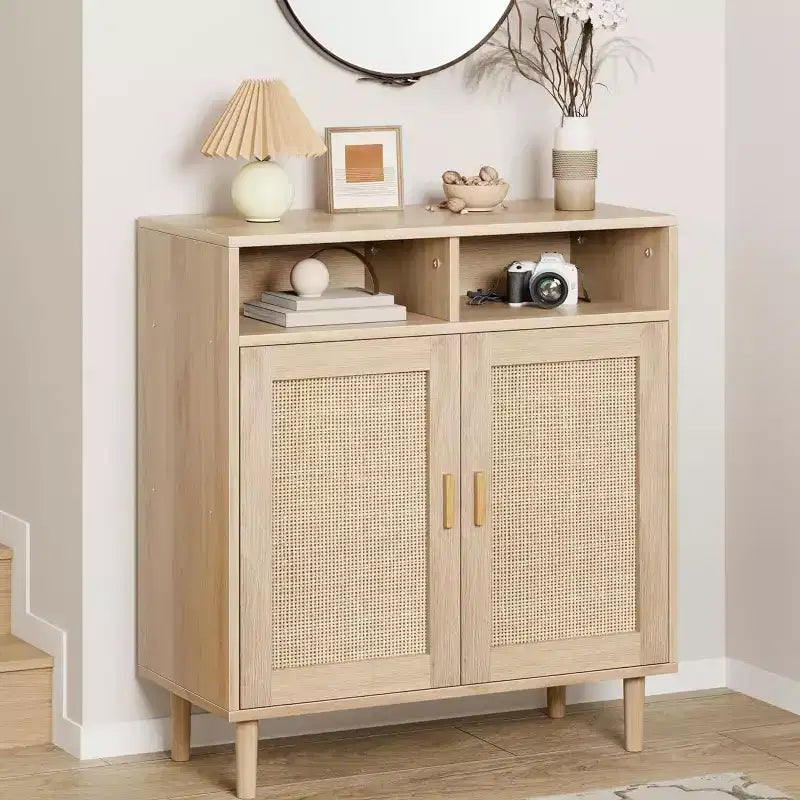 Credenze Buffet in Rattan - Mobile Contenitore a 2 Ante con Ripiano, Sala da Pranzo Moderna, Mobili per Angolo Caffè, 36H