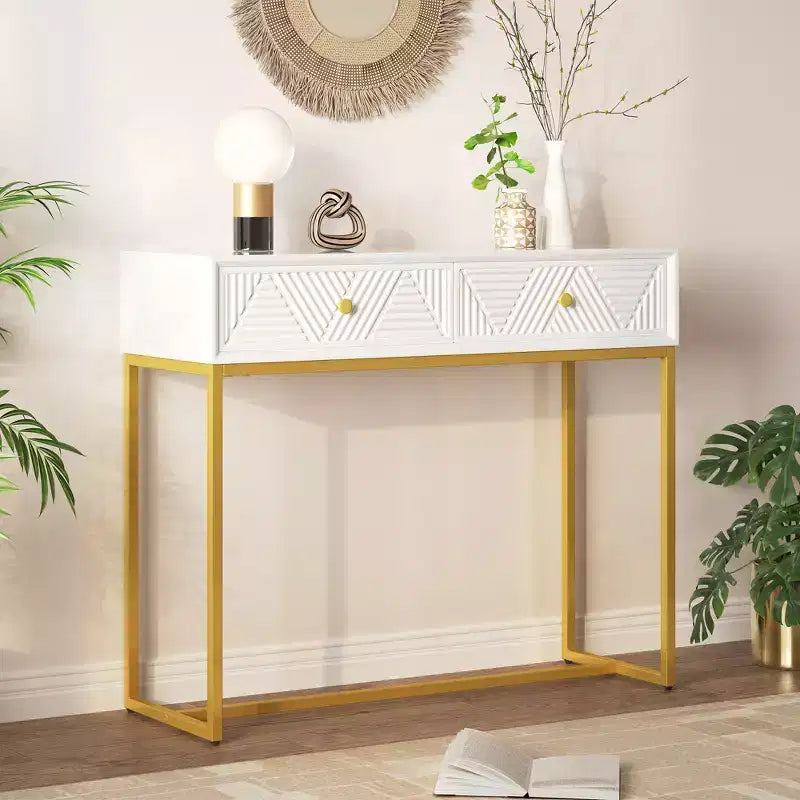 MAYEERTY Tavolo Consolle Stretto Moderno con Cassetti, 2 Cassetti, Design a Strisce, per Soggiorno, Ingresso, Bianco