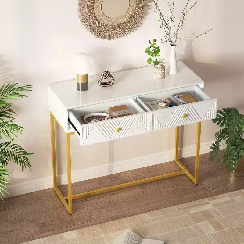 MAYEERTY Tavolo Consolle Stretto Moderno con Cassetti, 2 Cassetti, Design a Strisce, per Soggiorno, Ingresso, Bianco
