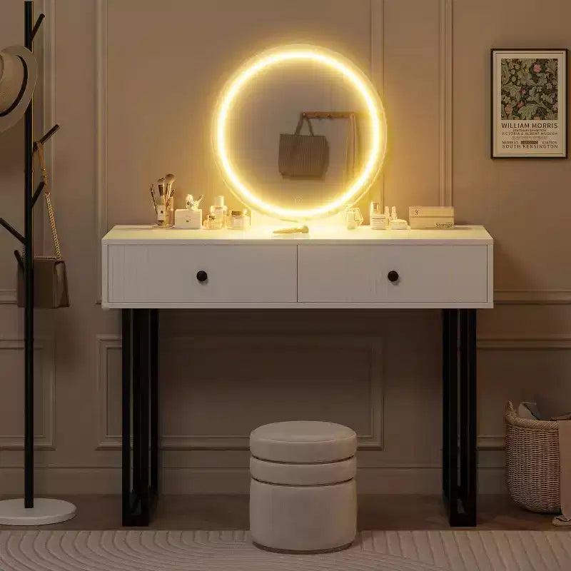 Toeletta con specchio, Toeletta make-up con 2 cassetti, 3 colori di luce, luminosità regolabile