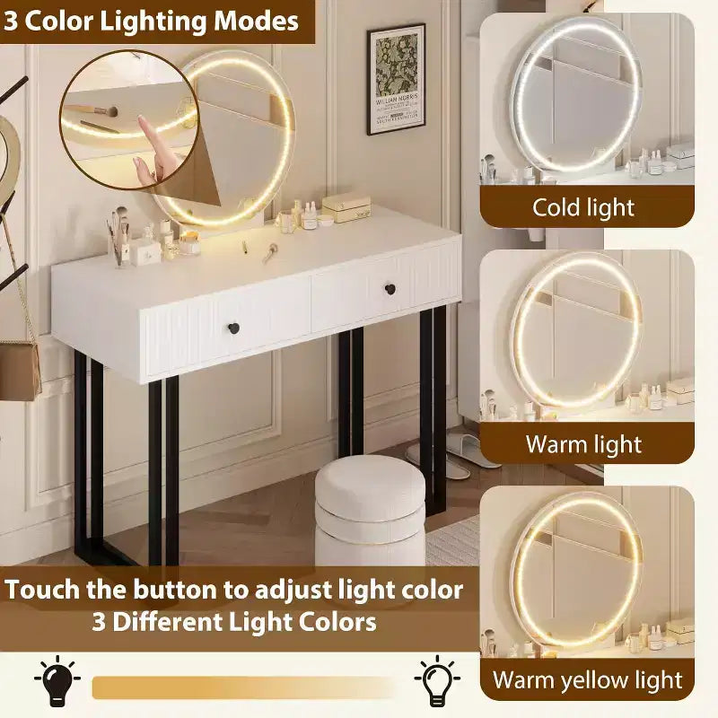 Toeletta con specchio, Toeletta make-up con 2 cassetti, 3 colori di luce, luminosità regolabile