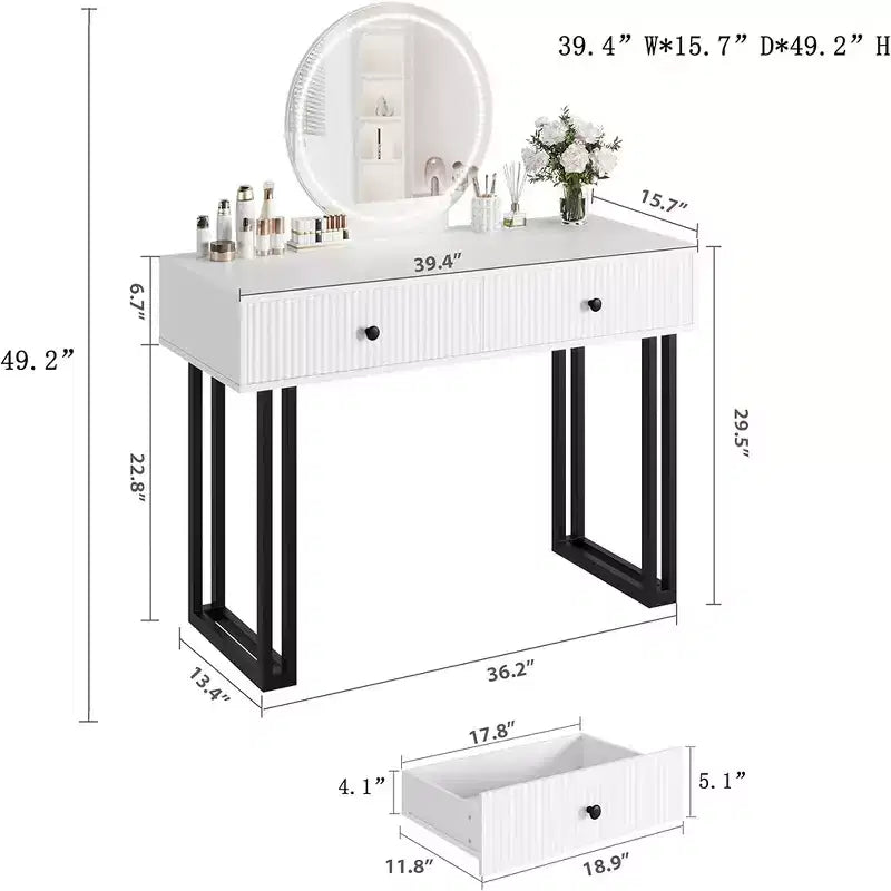 Toeletta con specchio, Toeletta make-up con 2 cassetti, 3 colori di luce, luminosità regolabile