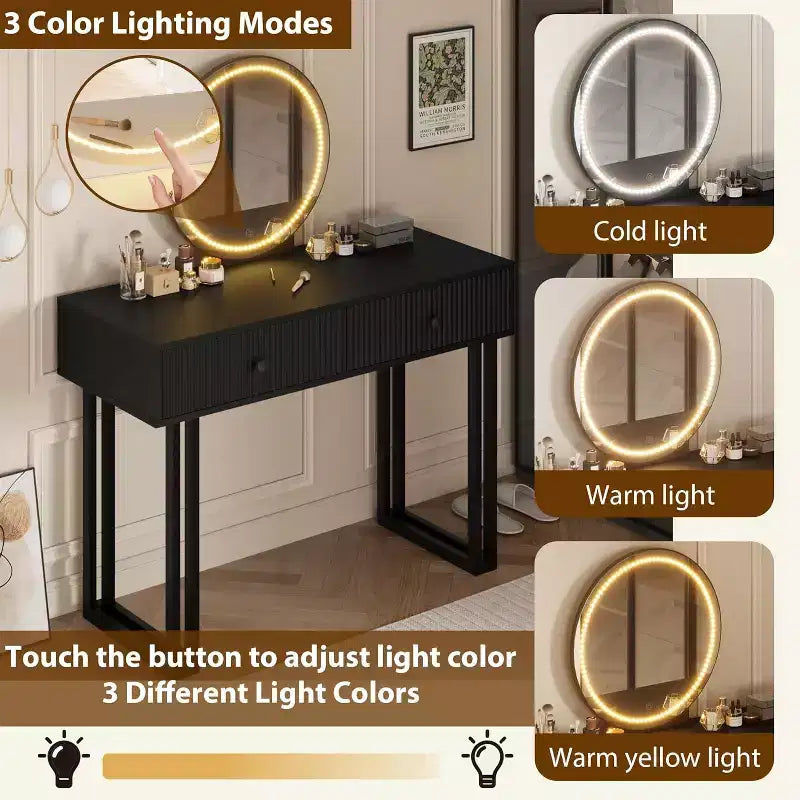 Toeletta con specchio, Toeletta make-up con 2 cassetti, 3 colori di luce, luminosità regolabile