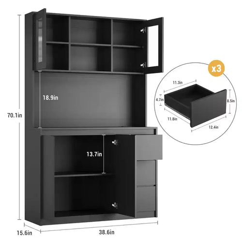 Dispensa alta da cucina da 180 cm con luci a LED e prese di corrente, supporto per microonde con anta in vetro, ripiani regolabili, 3 cassetti, design senza maniglie