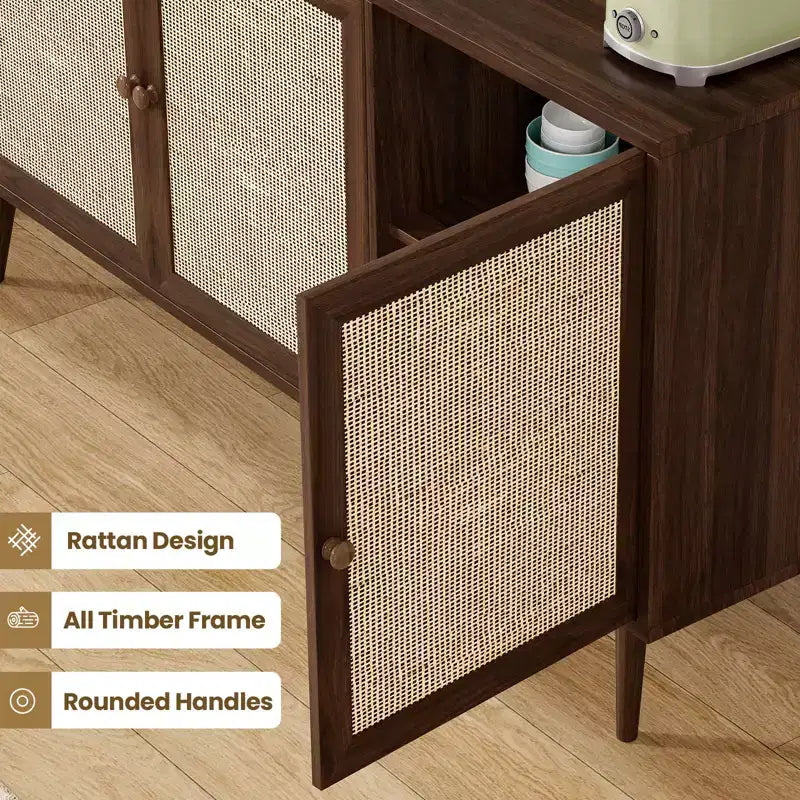 PexFix Mobiletto con pannelli laterali e 3 ante in rattan, mobile contenitore da cucina moderno con gambe regolabili