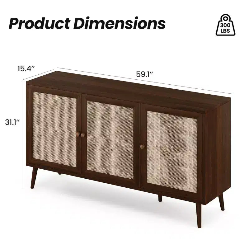 PexFix Mobiletto con pannelli laterali e 3 ante in rattan, mobile contenitore da cucina moderno con gambe regolabili