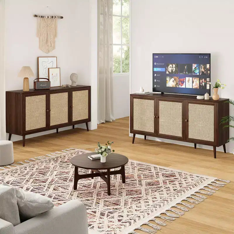 PexFix Mobiletto con pannelli laterali e 3 ante in rattan, mobile contenitore da cucina moderno con gambe regolabili