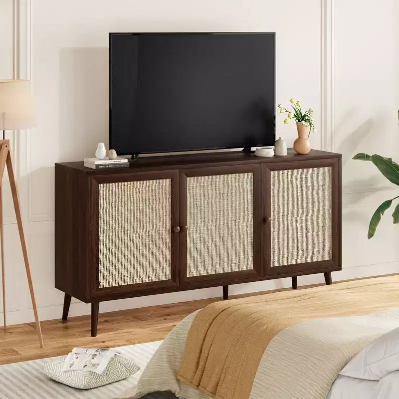 PexFix Mobiletto con pannelli laterali e 3 ante in rattan, mobile contenitore da cucina moderno con gambe regolabili