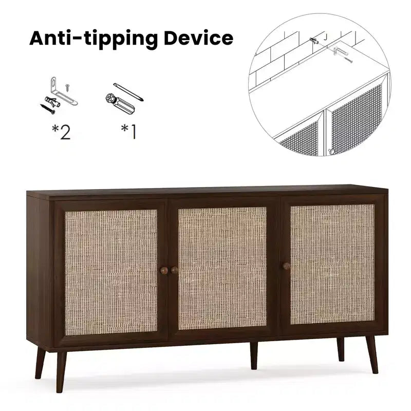 PexFix Mobiletto con pannelli laterali e 3 ante in rattan, mobile contenitore da cucina moderno con gambe regolabili