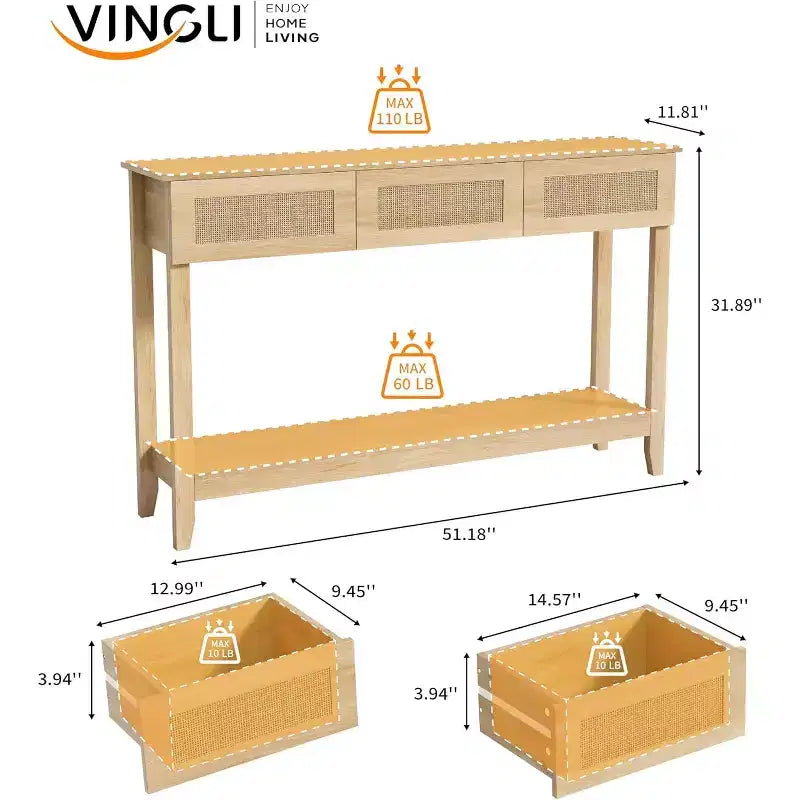 VINGLI Consolle da 130 cm con Cassetti, Tavolo d'Ingresso in Rattan con Ripiano Contenitore, Tavolino stretto in stile Boho per Soggiorno, Rattan Naturale