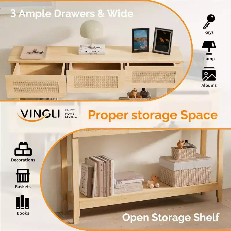 VINGLI Consolle da 130 cm con Cassetti, Tavolo d'Ingresso in Rattan con Ripiano Contenitore, Tavolino stretto in stile Boho per Soggiorno, Rattan Naturale