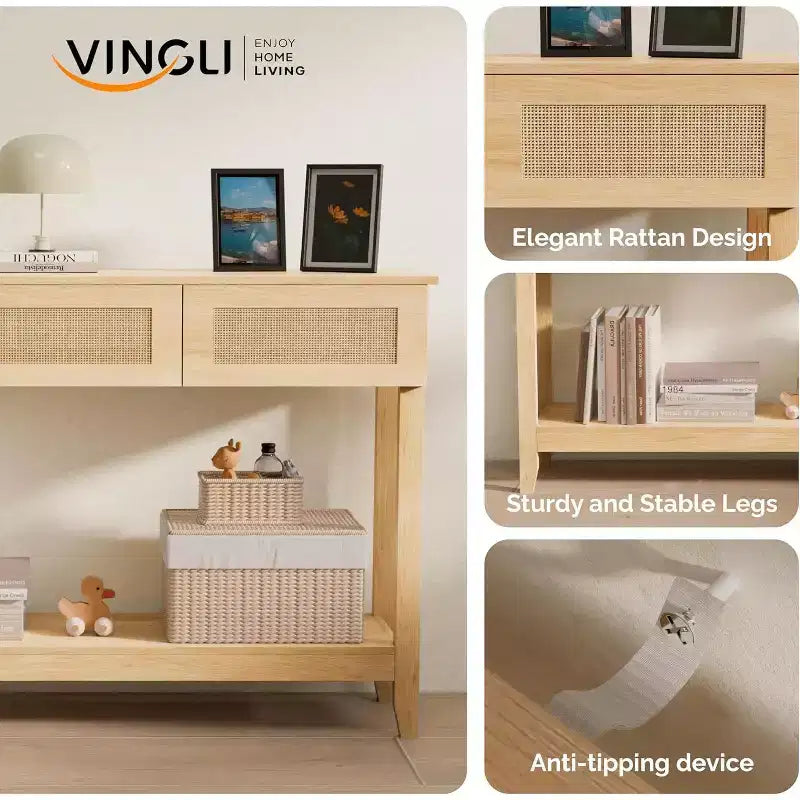 VINGLI Consolle da 130 cm con Cassetti, Tavolo d'Ingresso in Rattan con Ripiano Contenitore, Tavolino stretto in stile Boho per Soggiorno, Rattan Naturale