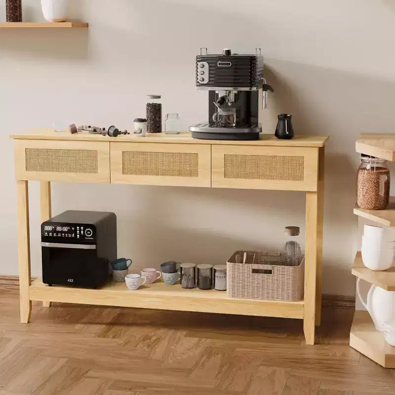 VINGLI Consolle da 130 cm con Cassetti, Tavolo d'Ingresso in Rattan con Ripiano Contenitore, Tavolino stretto in stile Boho per Soggiorno, Rattan Naturale