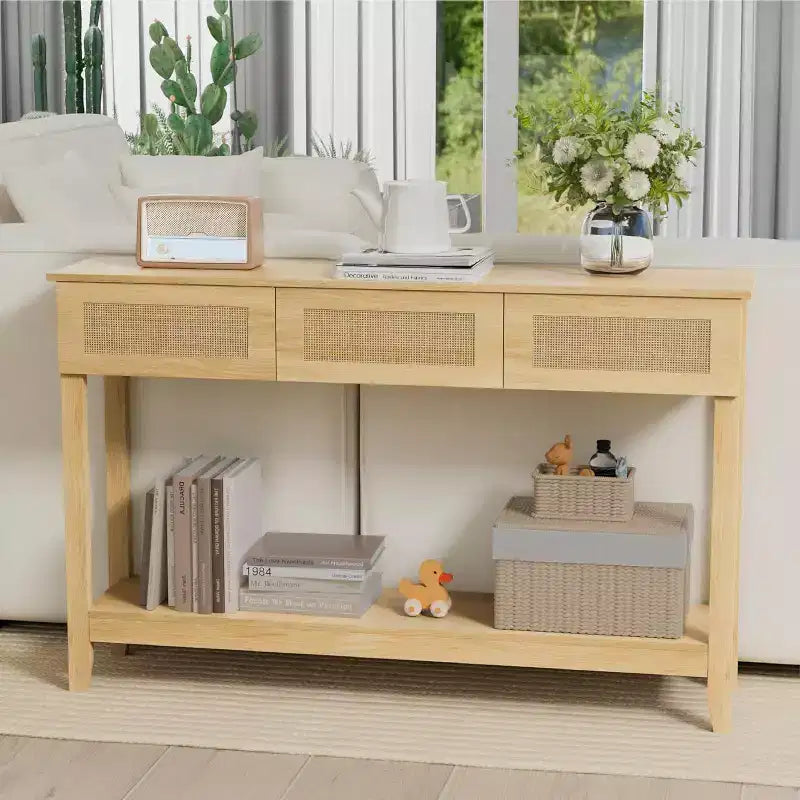 VINGLI Consolle da 130 cm con Cassetti, Tavolo d'Ingresso in Rattan con Ripiano Contenitore, Tavolino stretto in stile Boho per Soggiorno, Rattan Naturale