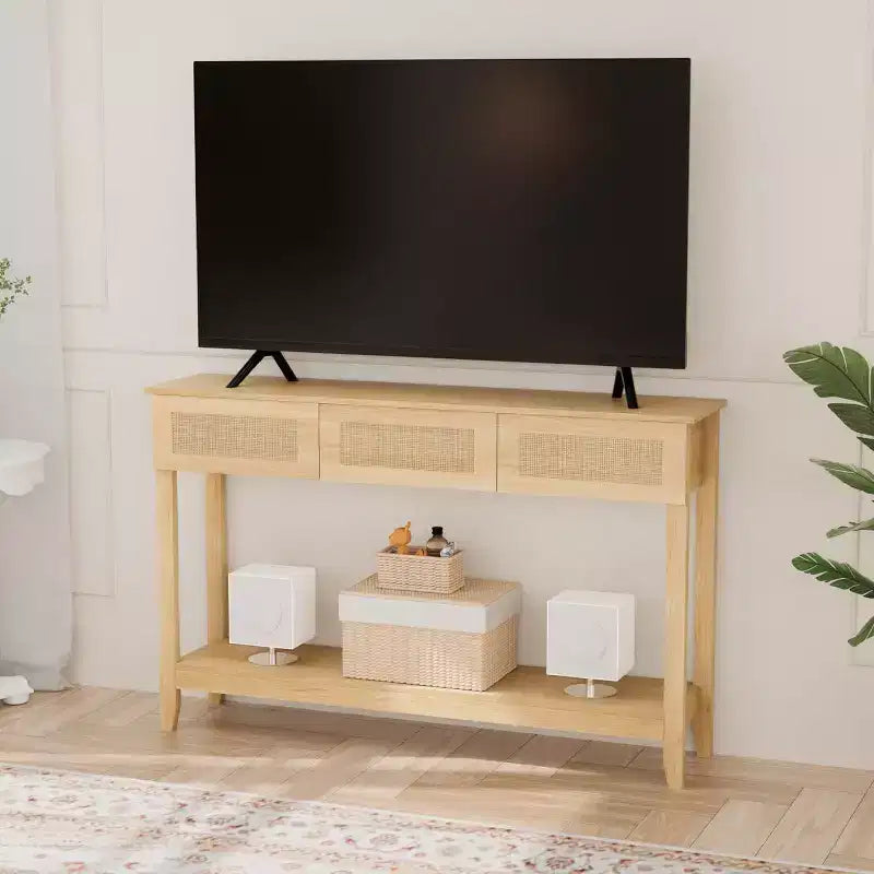 VINGLI Consolle da 130 cm con Cassetti, Tavolo d'Ingresso in Rattan con Ripiano Contenitore, Tavolino stretto in stile Boho per Soggiorno, Rattan Naturale