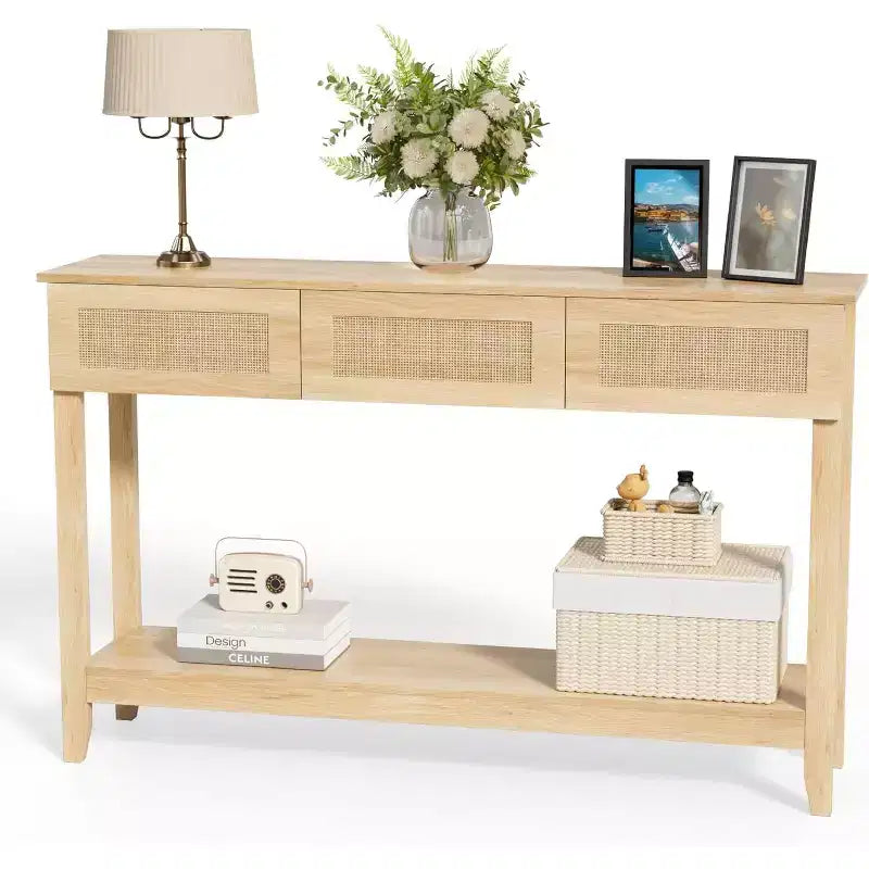 VINGLI Consolle da 130 cm con Cassetti, Tavolo d'Ingresso in Rattan con Ripiano Contenitore, Tavolino stretto in stile Boho per Soggiorno, Rattan Naturale