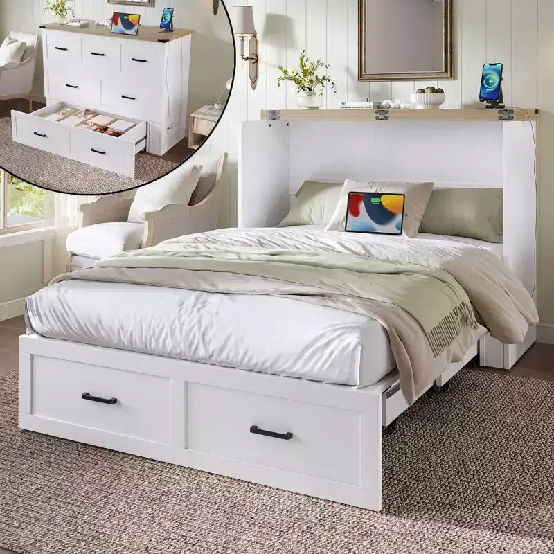 Letto a scomparsa ModernLuxe a una piazza e mezza/matrimoniale salvaspazio, pieghevole con stazione di ricarica e cassetto portaoggetti, bianco/grigio