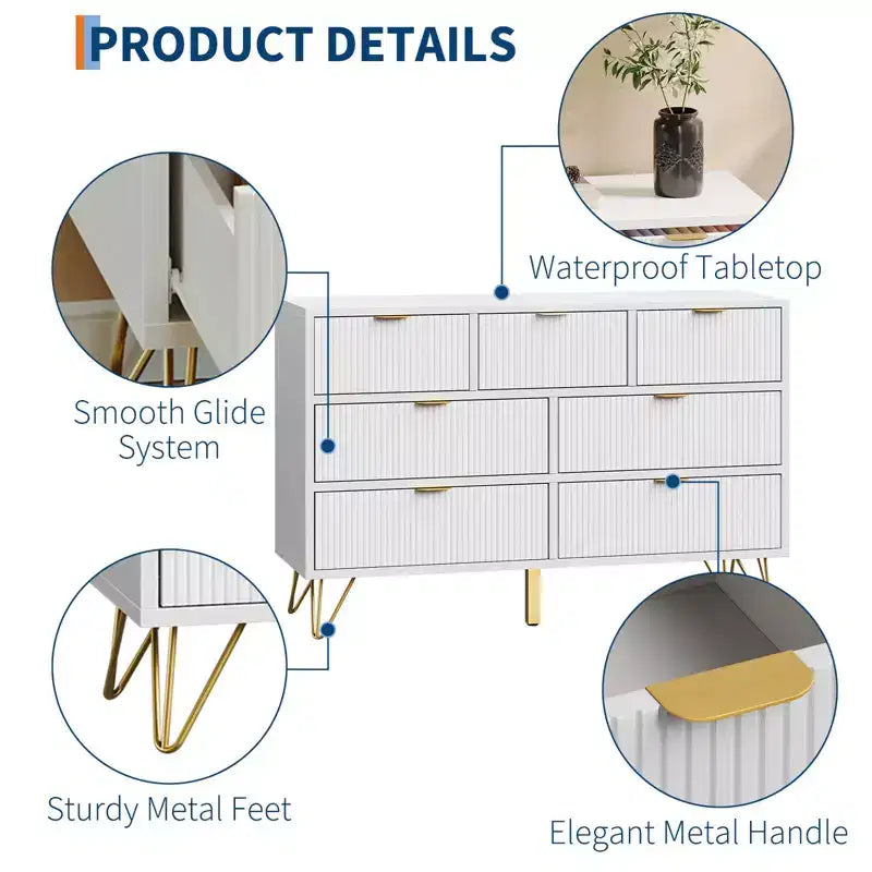 Cassettiera a 7 cassetti per camera da letto, comò largo 120 cm con gambe in metallo, mobile porta TV, armadietto contenitore, organizer per ingresso