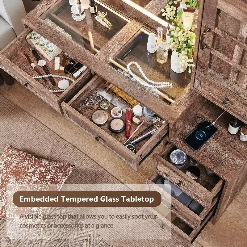 Mastgoal Tavolo da trucco da fattoria con specchio LED Touch Screen, 47" Grande tavolo da trucco, 6 cassetti, piano in vetro, stazione di ricarica, toeletta in legno rustico