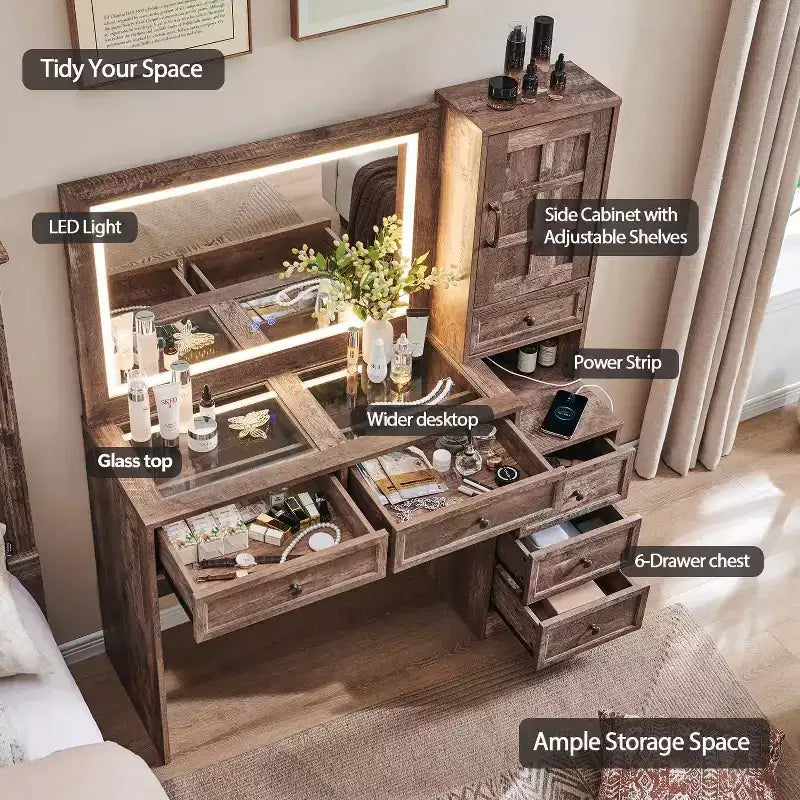 Mastgoal Tavolo da trucco da fattoria con specchio LED Touch Screen, 47" Grande tavolo da trucco, 6 cassetti, piano in vetro, stazione di ricarica, toeletta in legno rustico