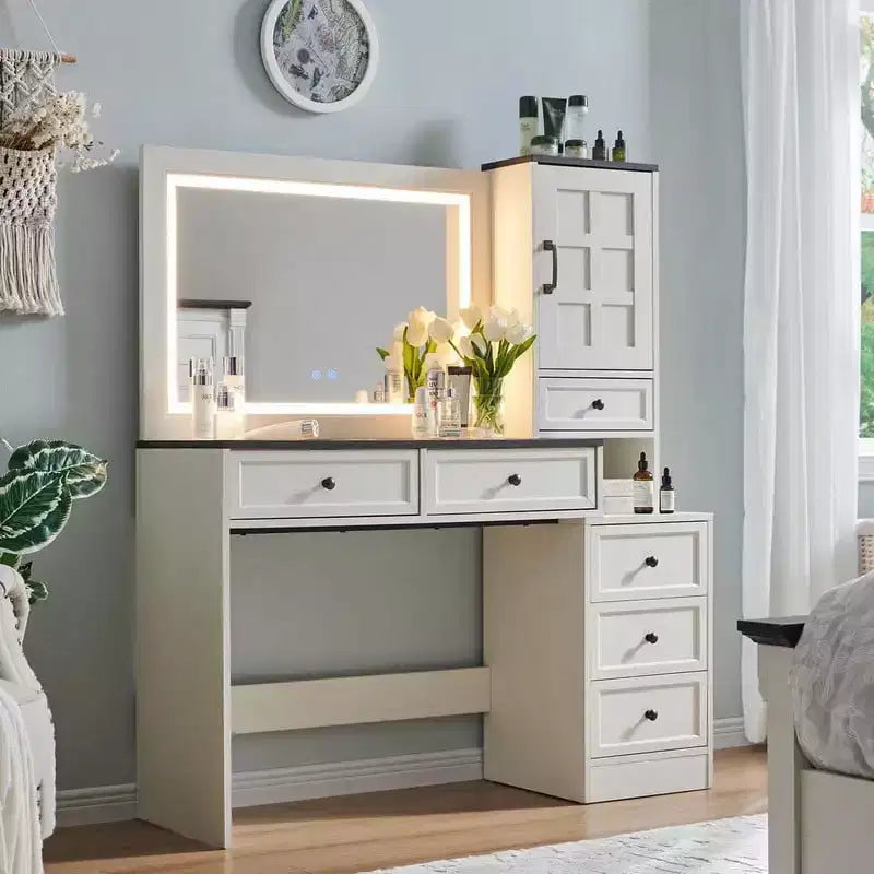Mastgoal Tavolo da trucco da fattoria con specchio LED Touch Screen, 47" Grande tavolo da trucco, 6 cassetti, piano in vetro, stazione di ricarica, toeletta in legno rustico