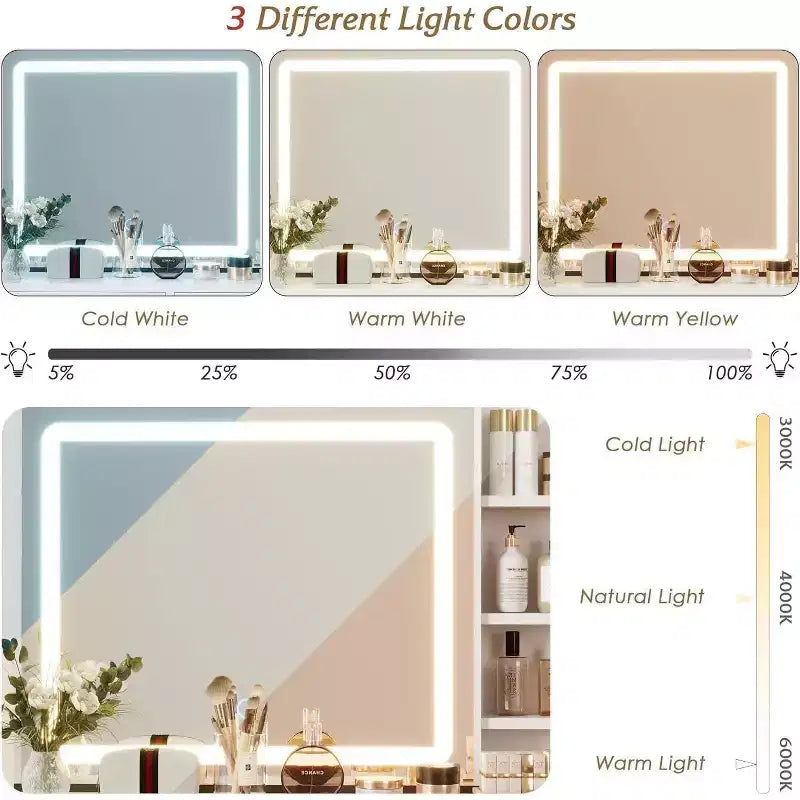 Toeletta con specchio e luci, toeletta per trucco con specchio scorrevole illuminato, 3 modalità di illuminazione, 5 ampi cassetti e 3 ripiani, per camera da letto, bianca