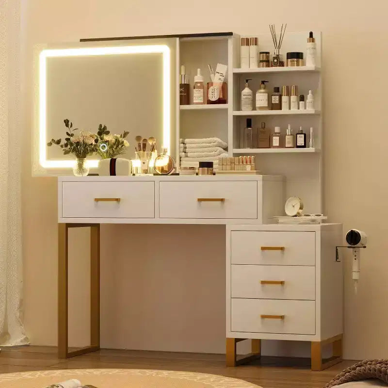 Toeletta con specchio e luci, toeletta per trucco con specchio scorrevole illuminato, 3 modalità di illuminazione, 5 ampi cassetti e 3 ripiani, per camera da letto, bianca