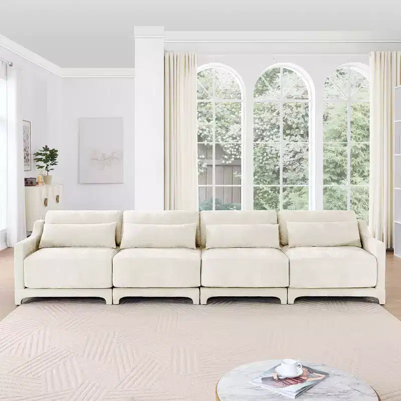 Divano a 4 posti in ciniglia beige con struttura in legno massello, cuscino lombare, spugna ad alta resilienza, facile installazione