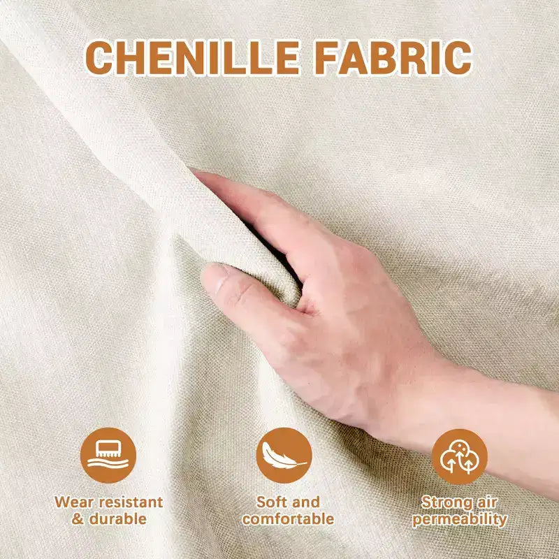 Divano a 4 posti in ciniglia beige con struttura in legno massello, cuscino lombare, spugna ad alta resilienza, facile installazione