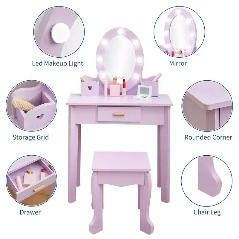 Princess Vanity Set for Girls with Light-Up Mirror, Makeup Table & Stool – Ages 3–9